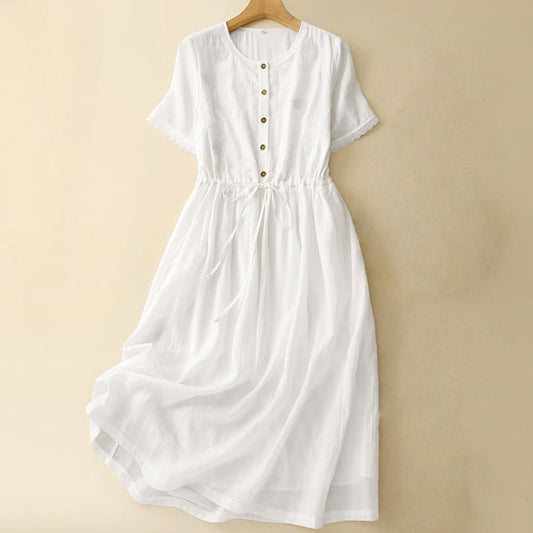 Vestido Lara midi de algodón y lino con volantes, manga corta